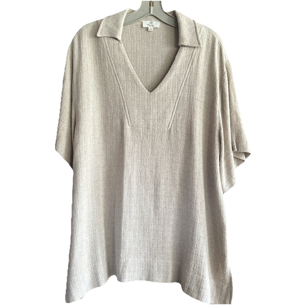 P Cill Top Women's Size Large Linen Rayon Blend Woven Fabric V Neck Collar